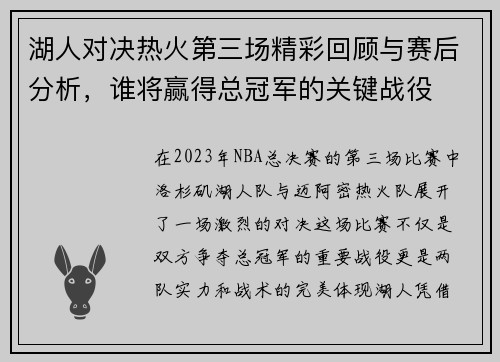 湖人对决热火第三场精彩回顾与赛后分析，谁将赢得总冠军的关键战役